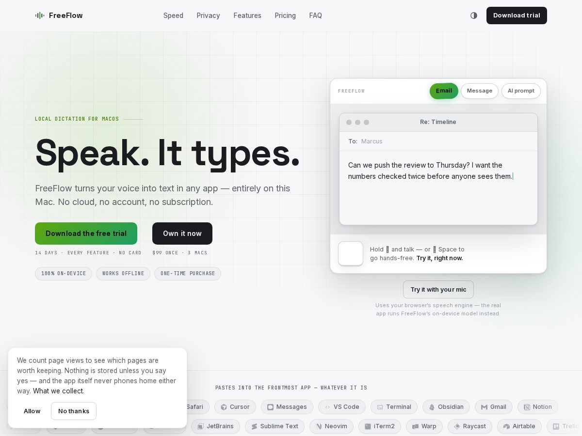 Landing-page snapshot of freeflow.audio