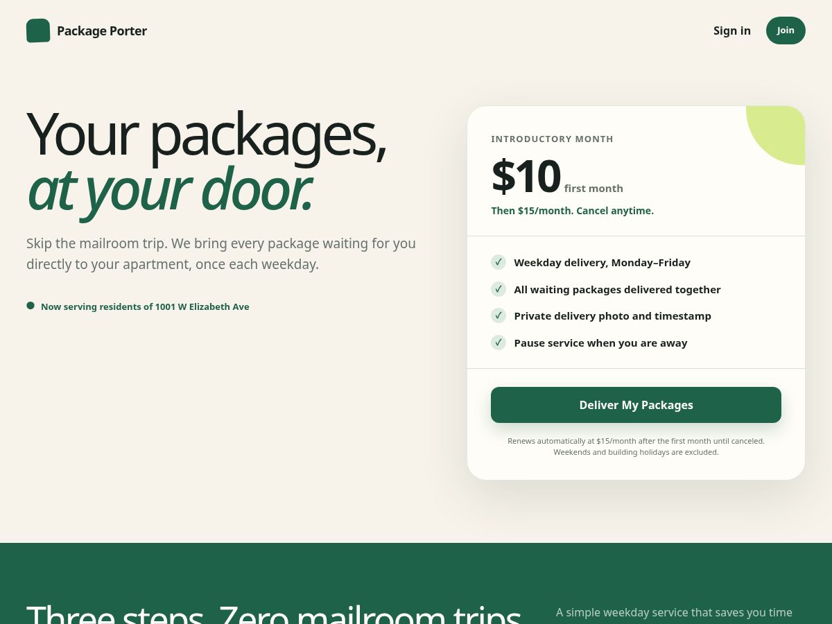 Landing-page snapshot of getpackageporter.com