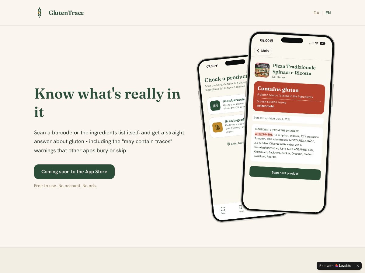 Landing-page snapshot of glutentrace.com