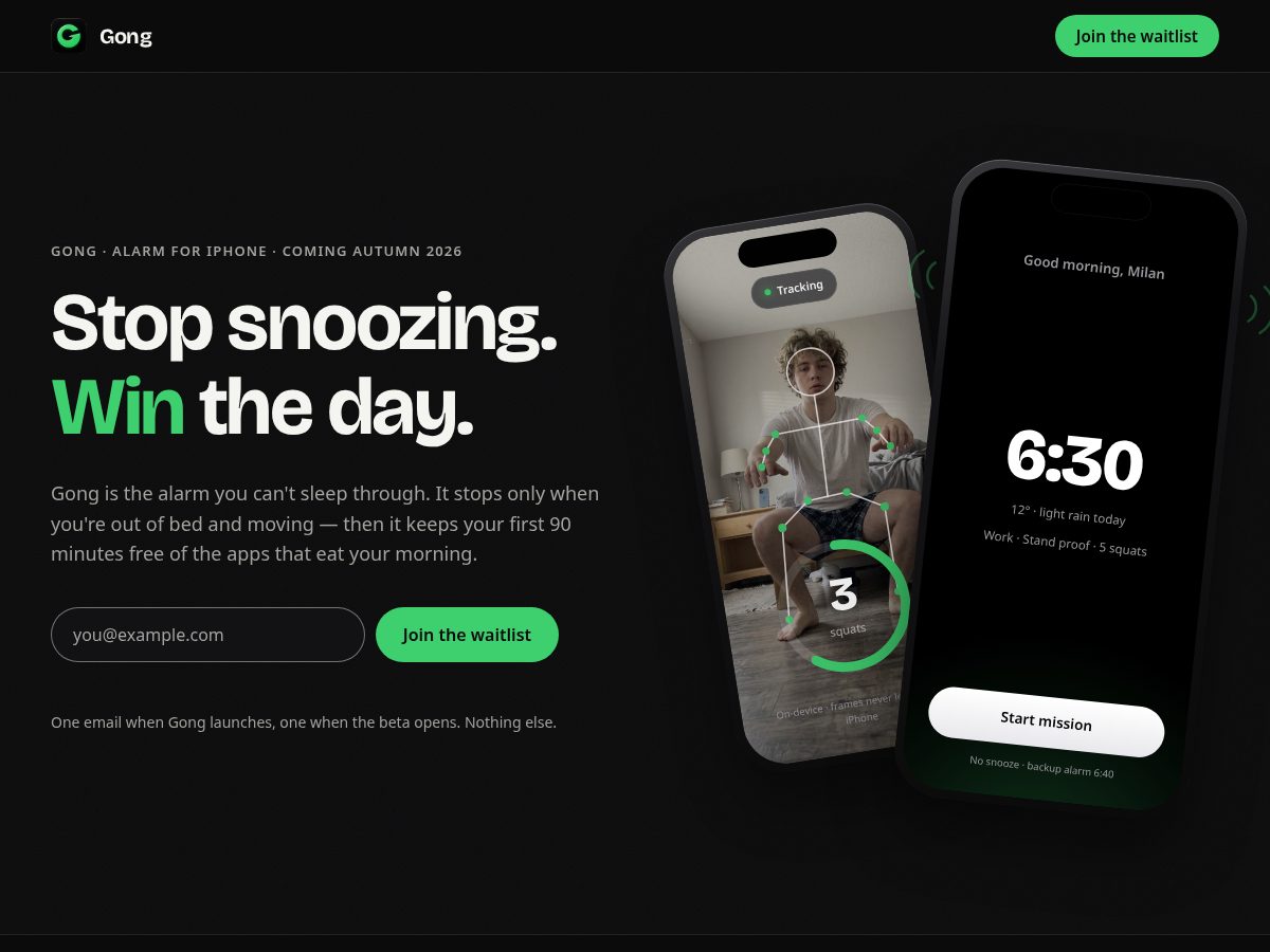 Landing-page snapshot of gongalarm.app