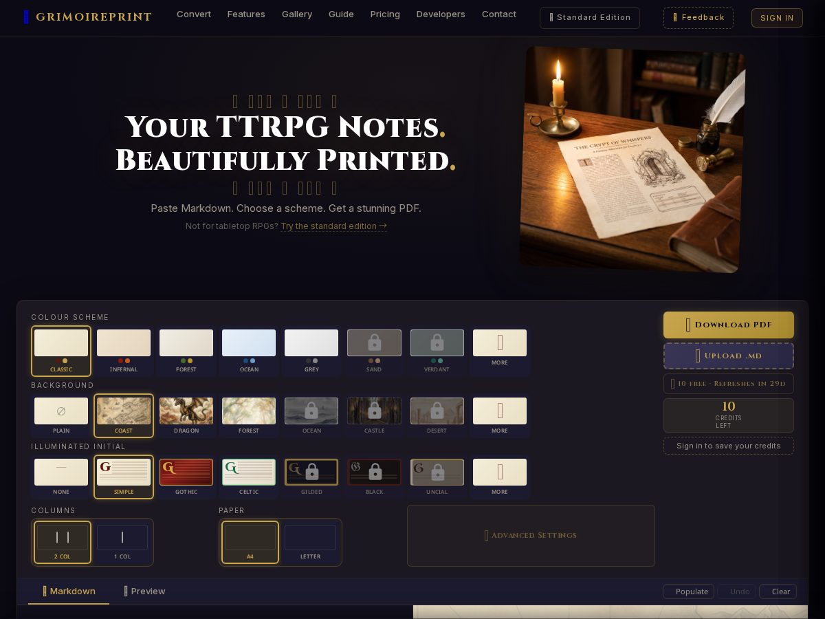 Landing-page snapshot of grimoireprint.com