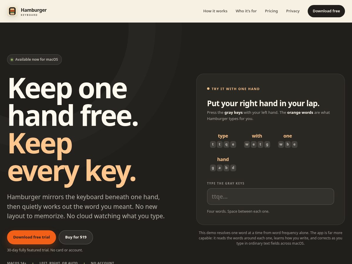 Landing-page snapshot of hamburgerkeyboard.com