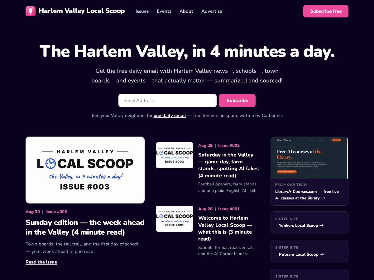 Landing-page snapshot of harlemvalleylocalscoop.com