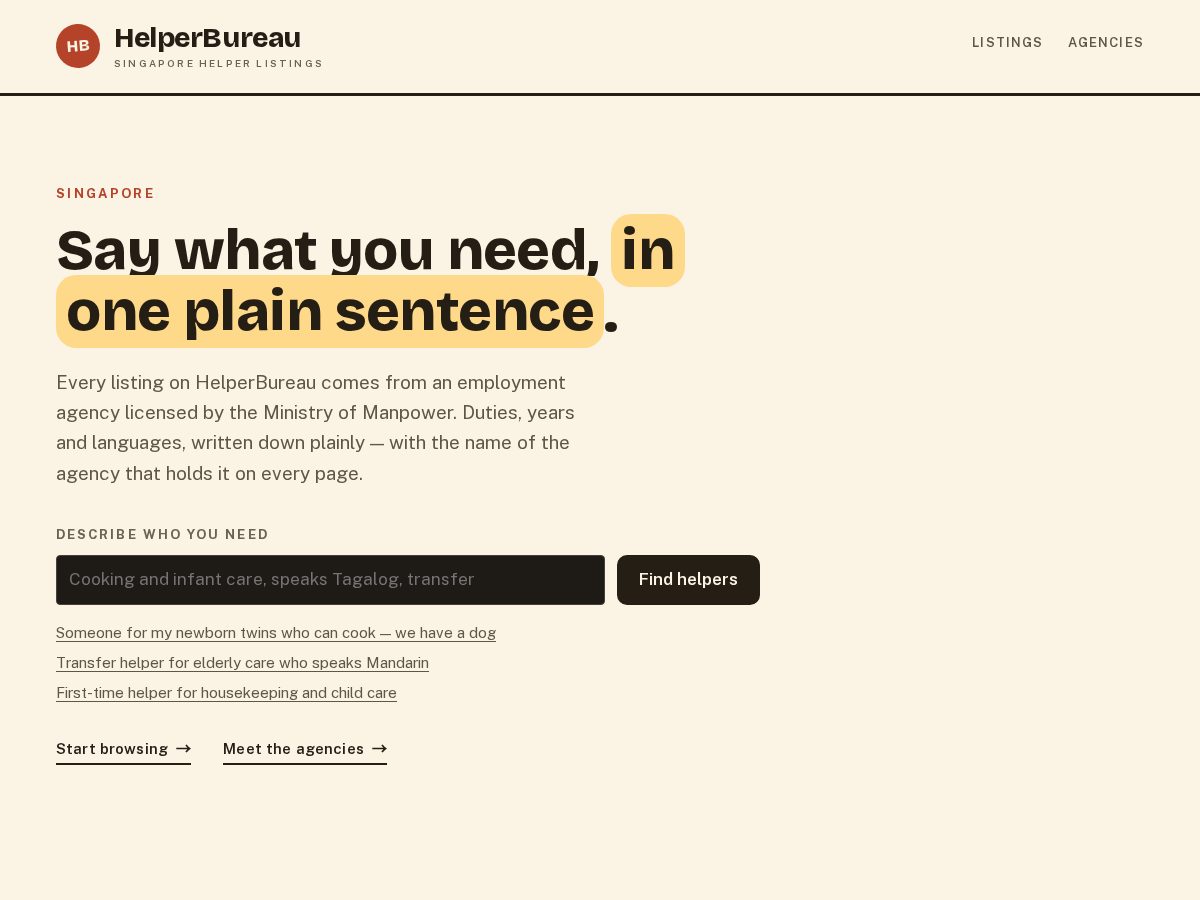 Landing-page snapshot of helperbureau.com