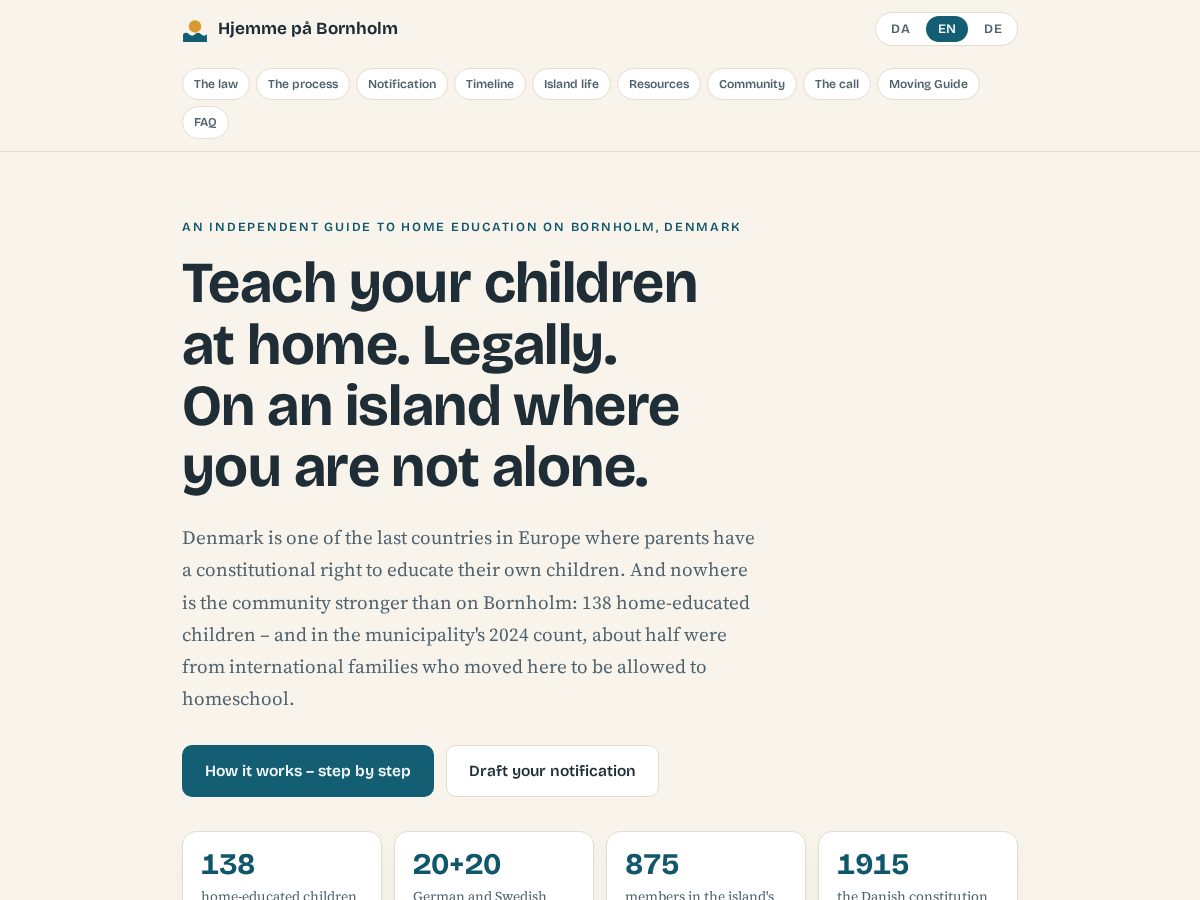Landing-page snapshot of homeschoolbornholm.com