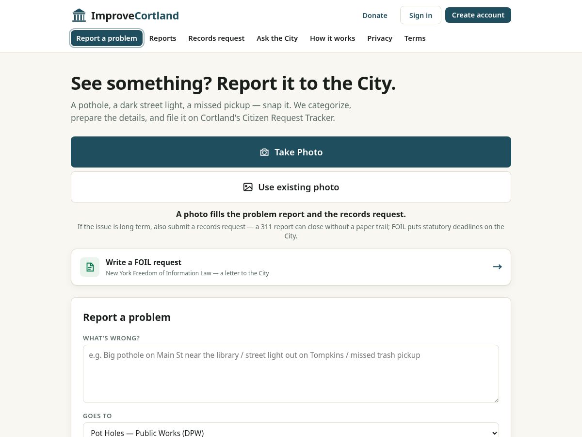 Landing-page snapshot of improvecortland.com