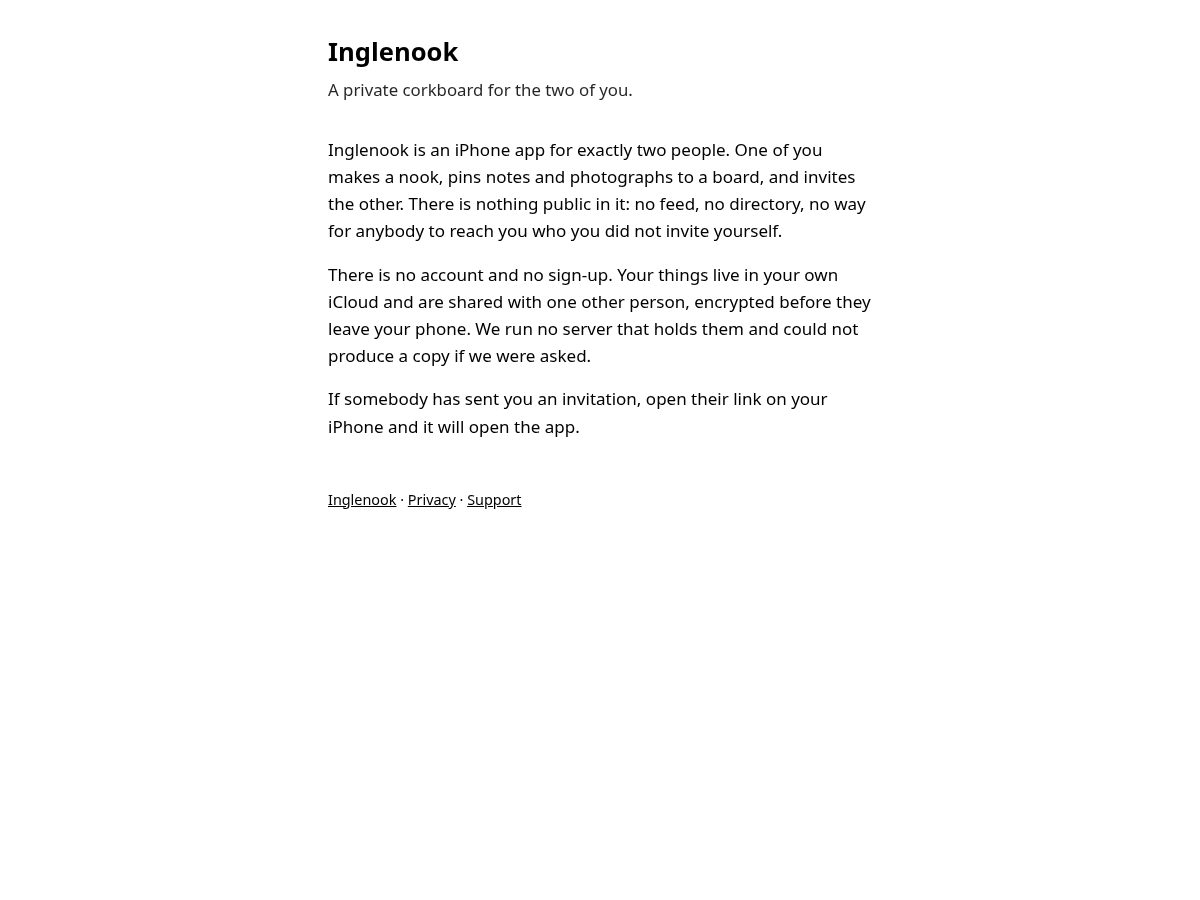 Landing-page snapshot of inglenookapp.com