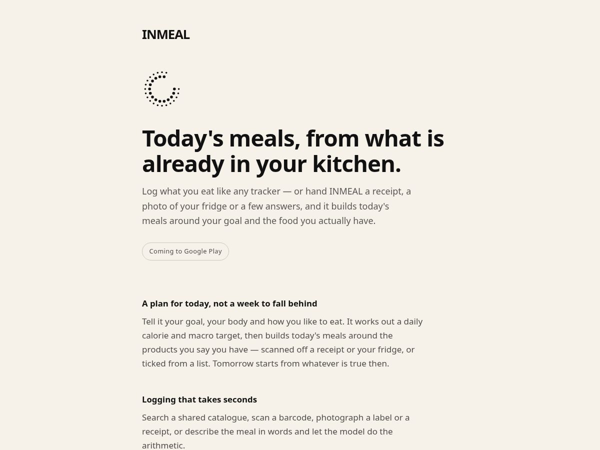 Landing-page snapshot of inmeal.app
