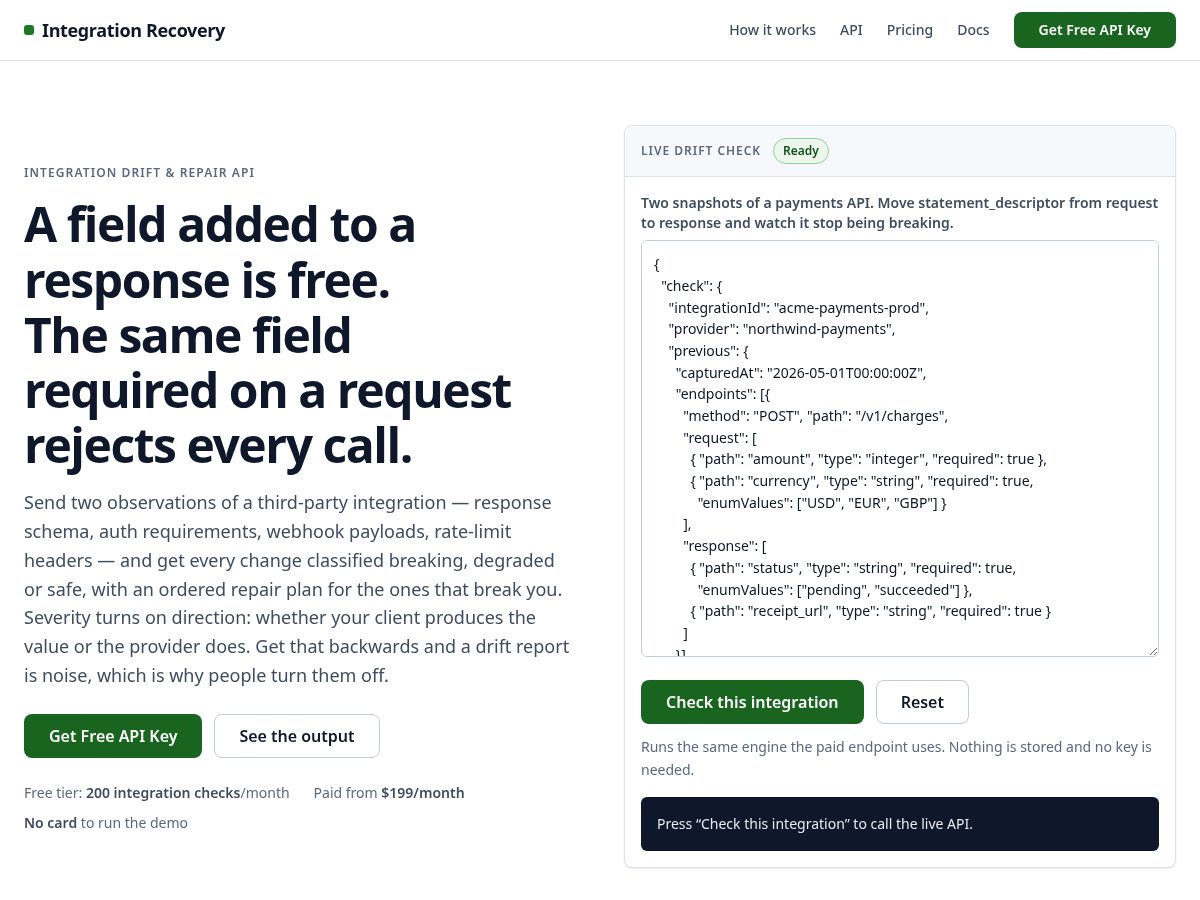 Landing-page snapshot of integrationrecovery-api.com