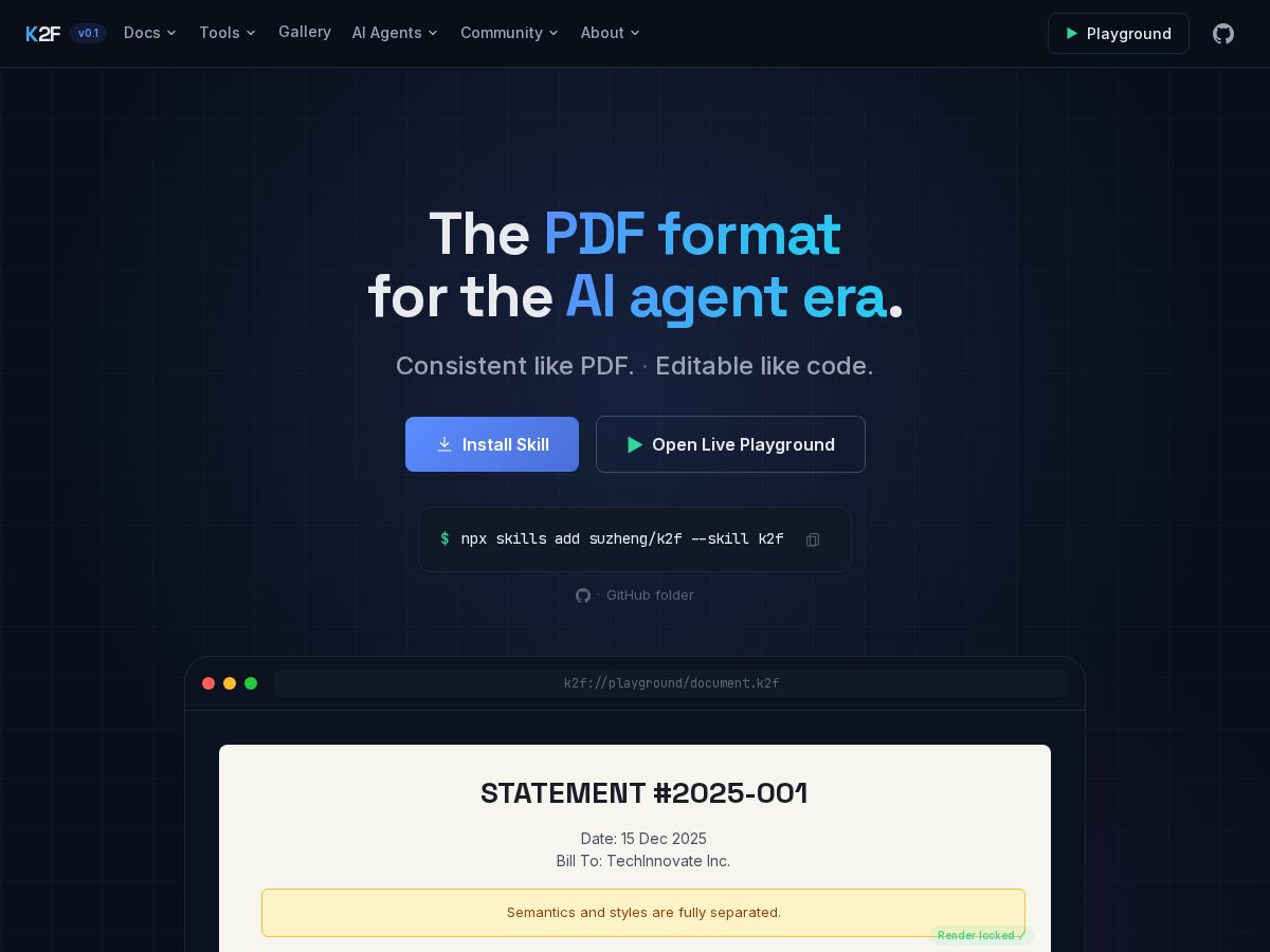 Landing-page snapshot of k2f.dev