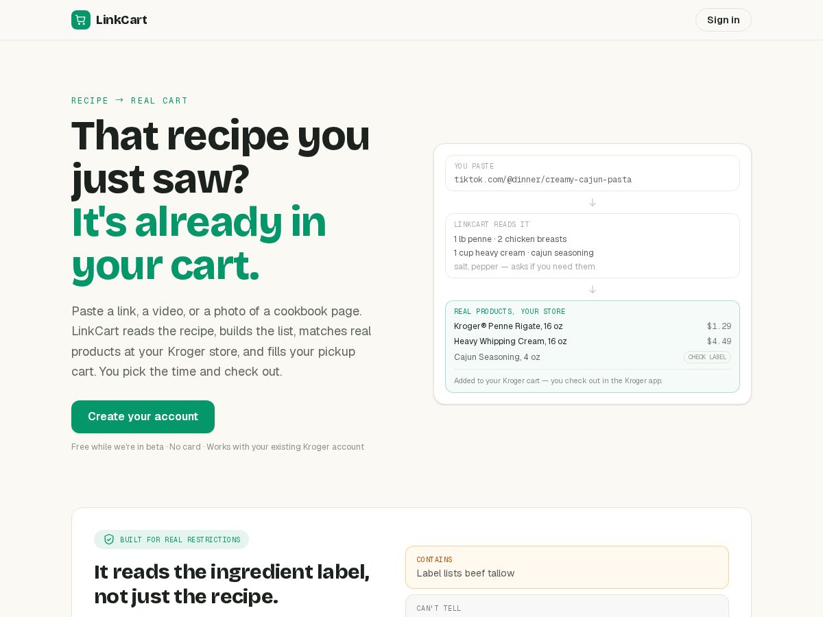 Landing-page snapshot of linkcart.app