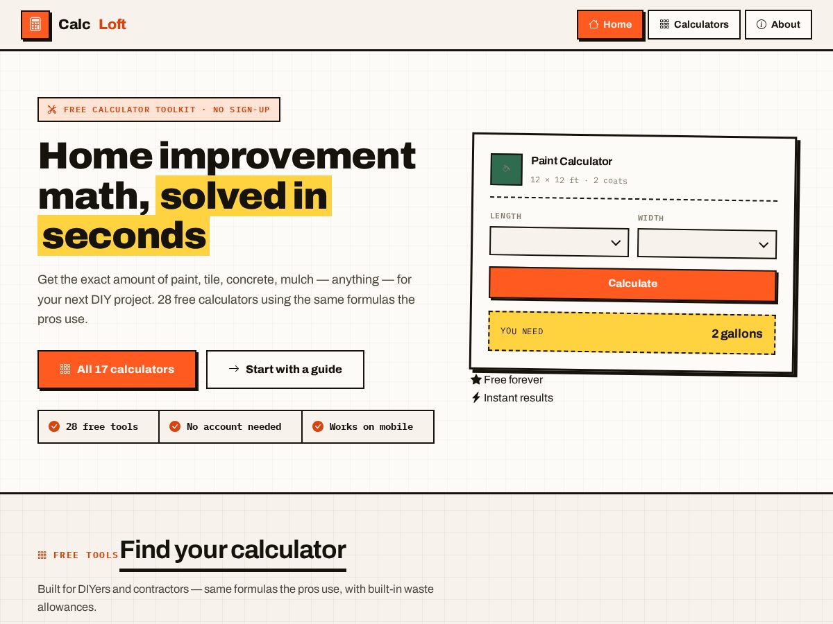 Landing-page snapshot of loftcalc.com