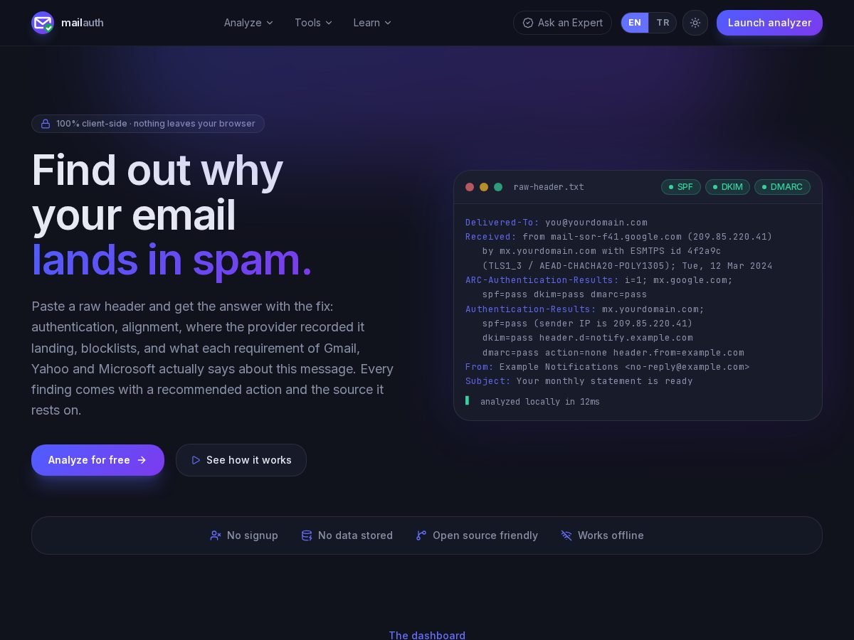 Landing-page snapshot of mailauth.app