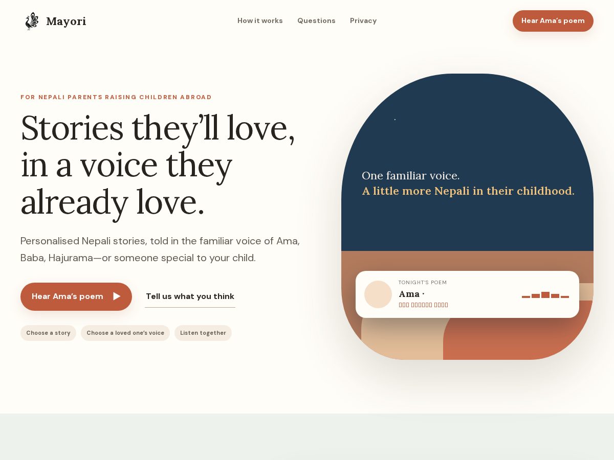 Landing-page snapshot of mayori.app