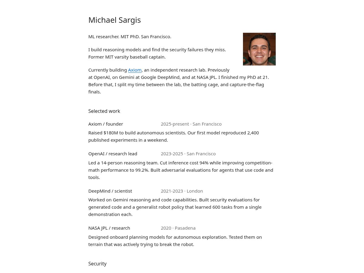 Landing-page snapshot of michaelsargis.com