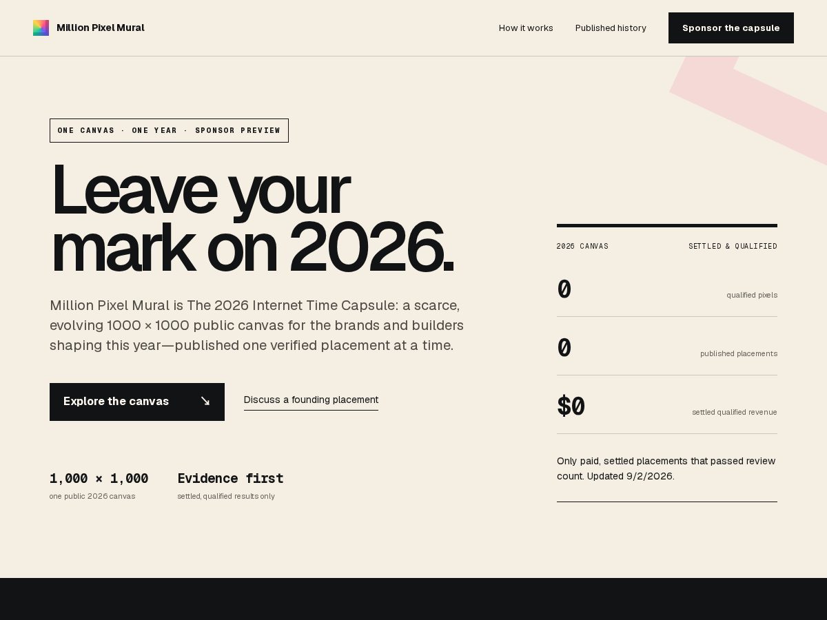 Landing-page snapshot of millionpixelmural.com