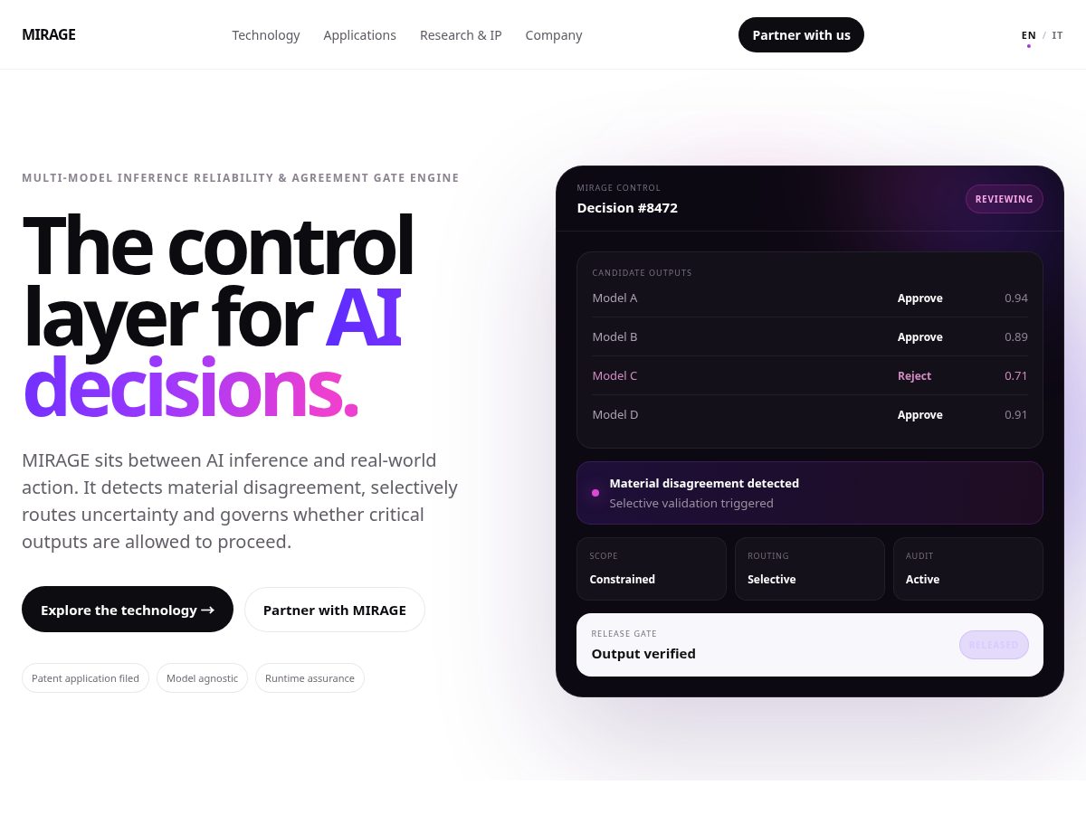 Landing-page snapshot of miragecontrol.com