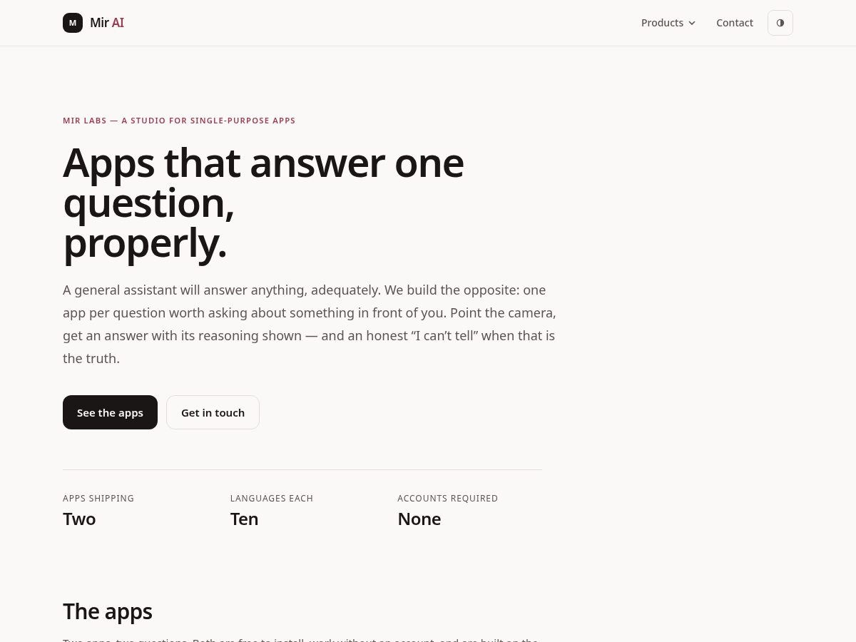Landing-page snapshot of mirlabs.app