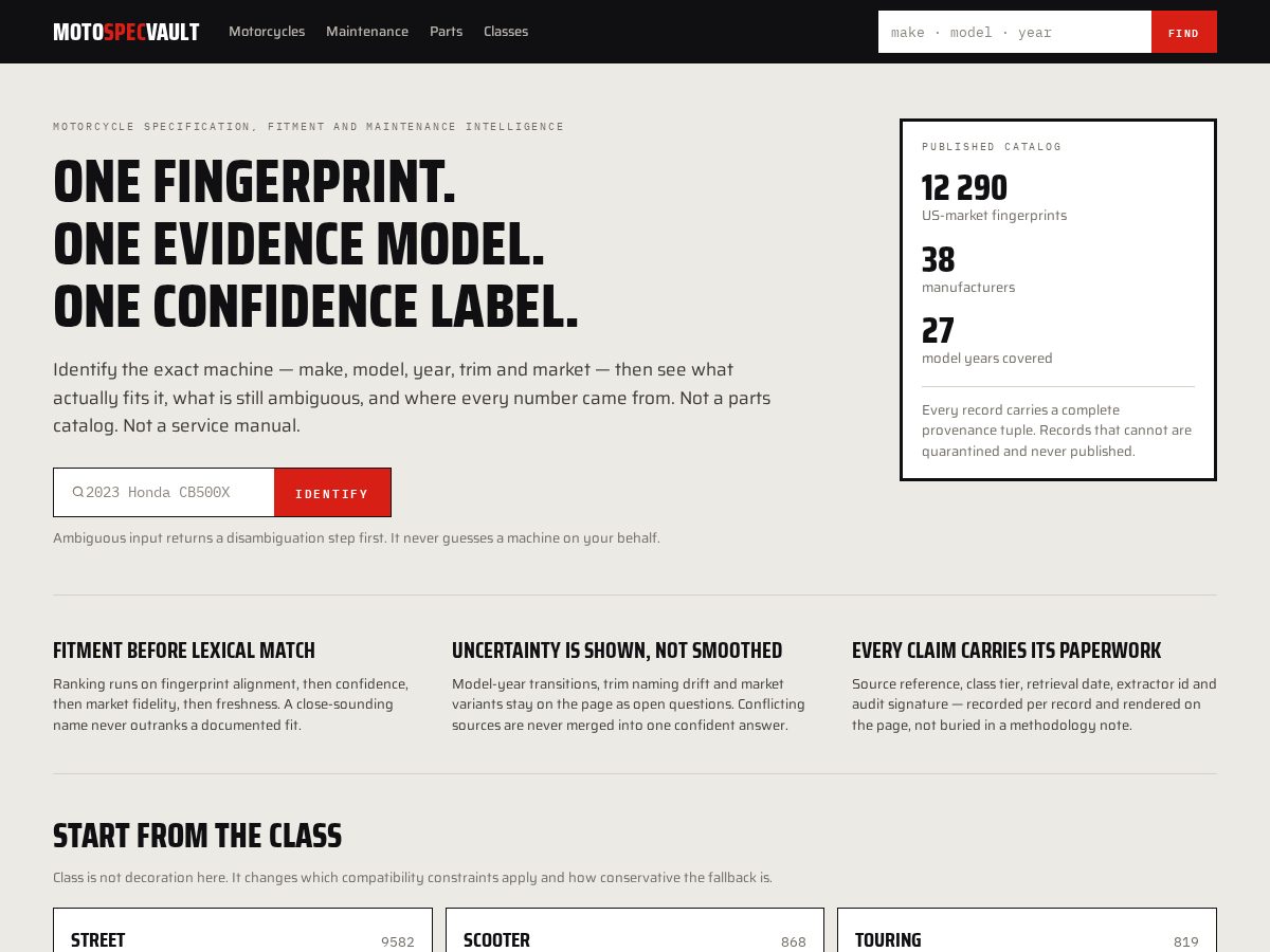 Landing-page snapshot of motospecvault.com