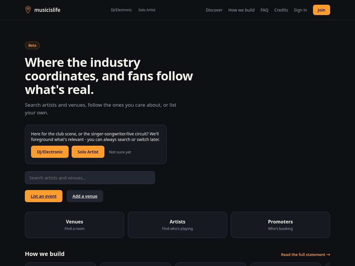 Landing-page snapshot of musicislife.world