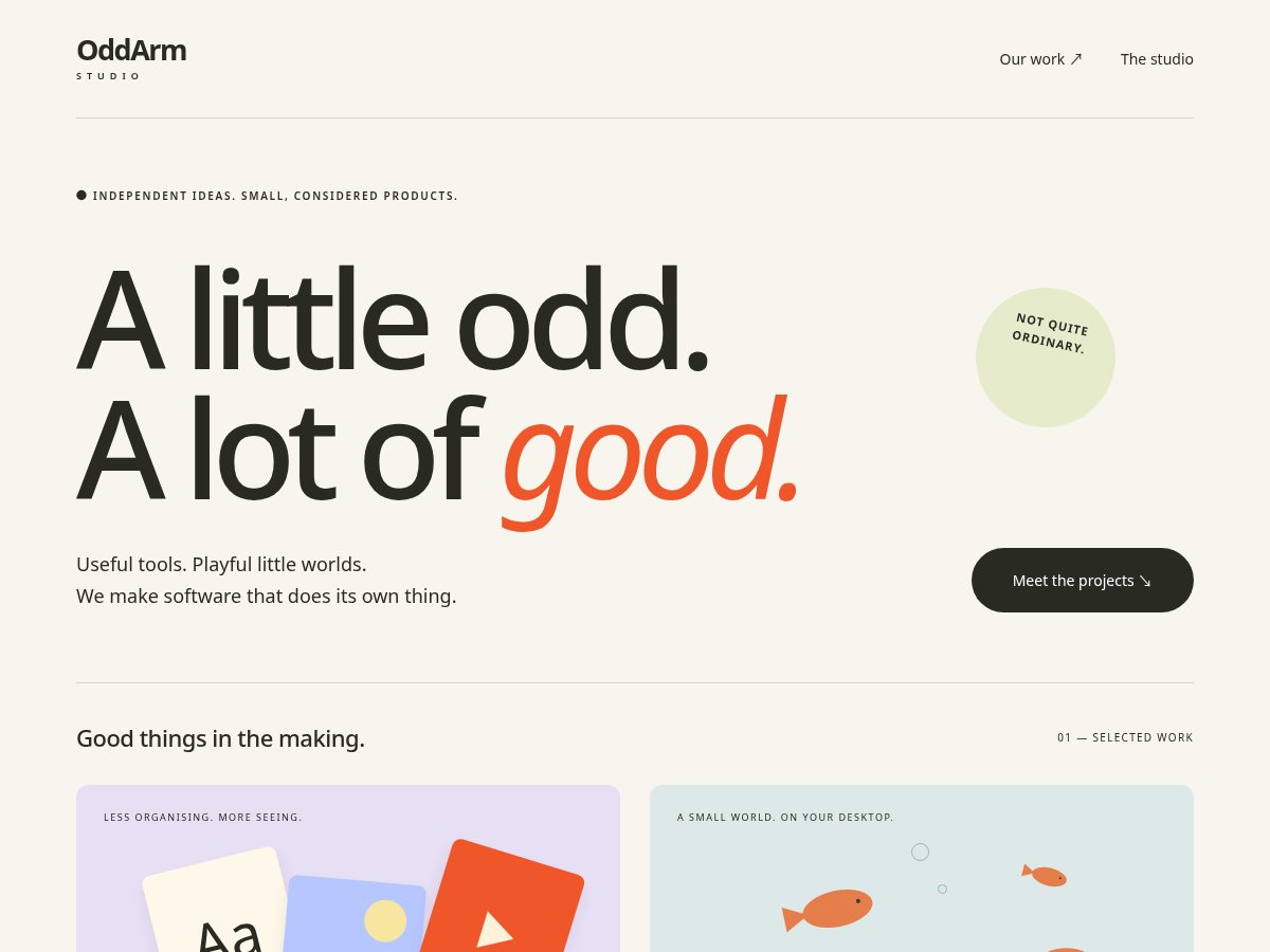 Landing-page snapshot of oddarm.com