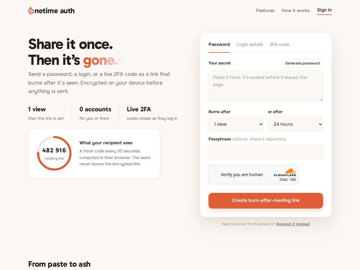 Landing-page snapshot of onetimeauth.app