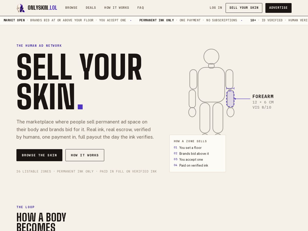 Landing-page snapshot of onlyskin.lol