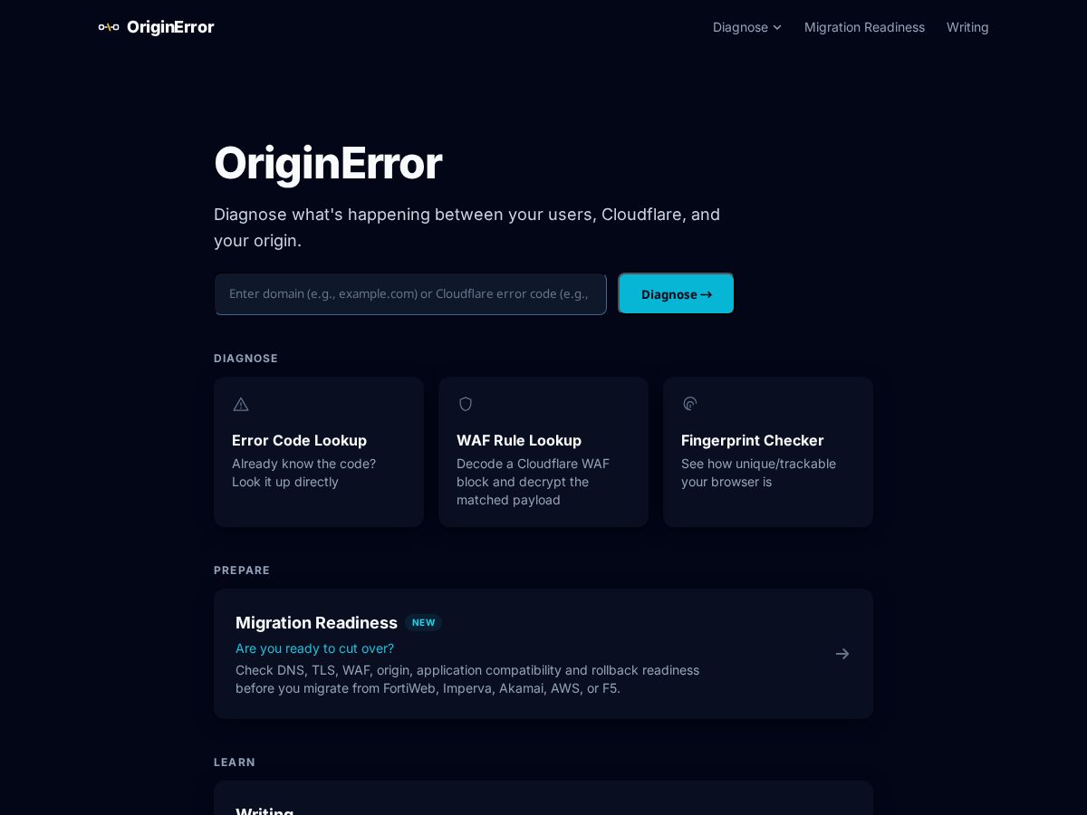 Landing-page snapshot of originerror.com