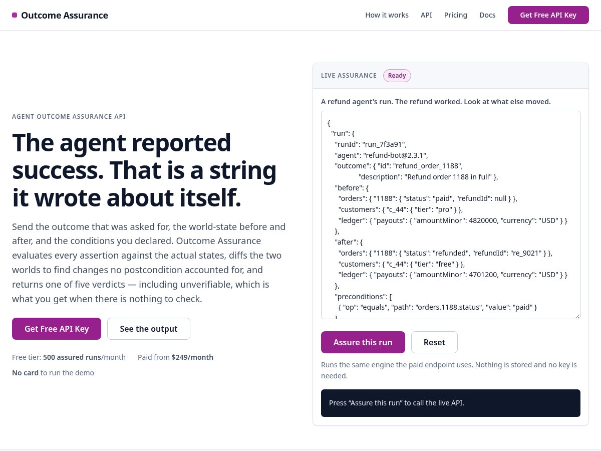 Landing-page snapshot of outcomeassurance-api.com