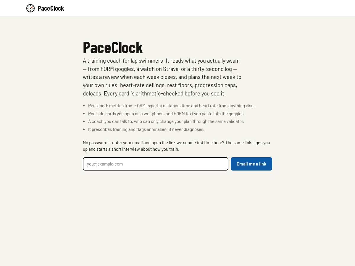 Landing-page snapshot of paceclock.app
