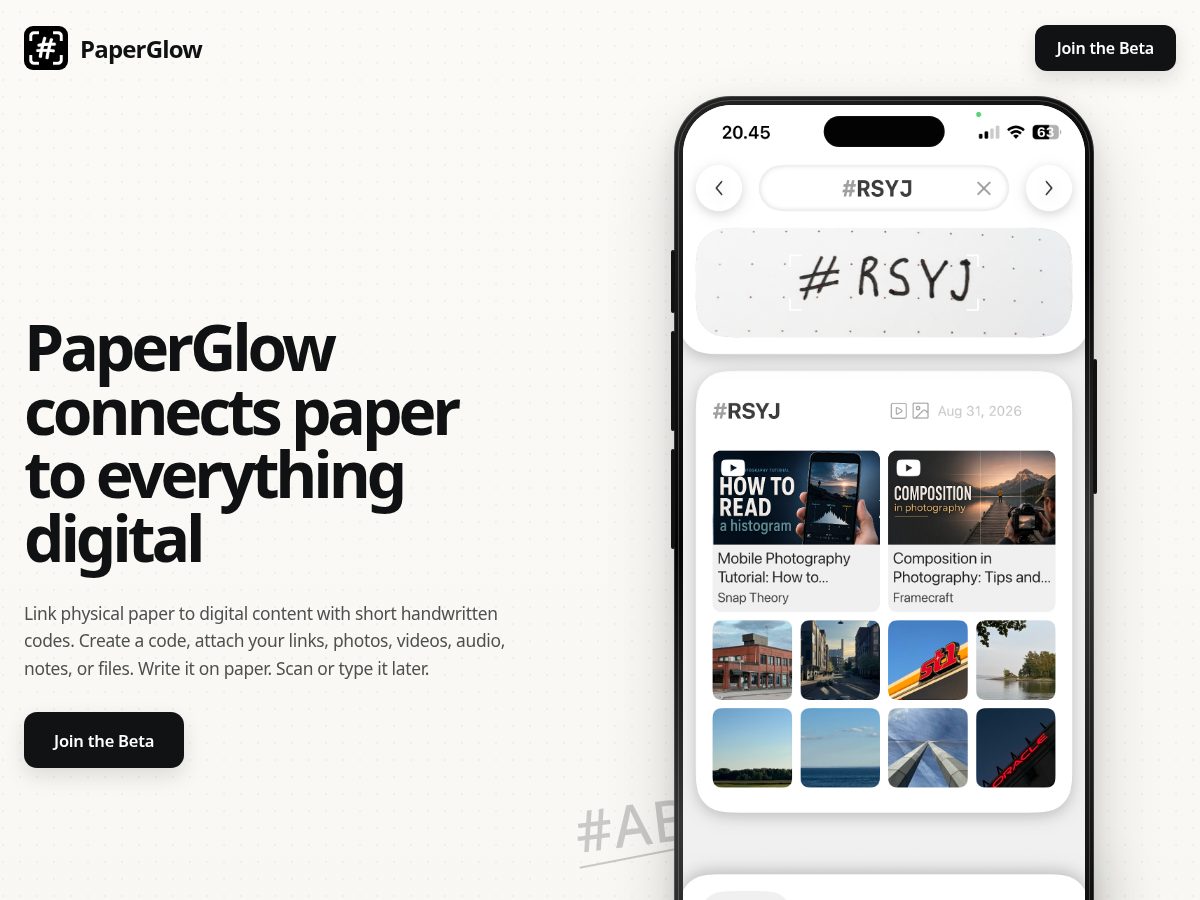 Landing-page snapshot of paperglow.app