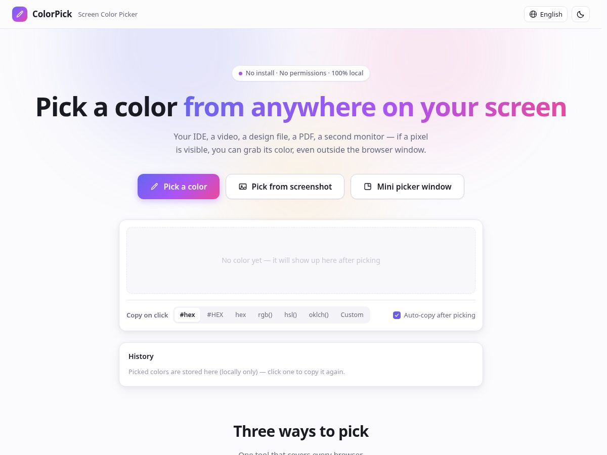 Landing-page snapshot of pickscreencolor.com