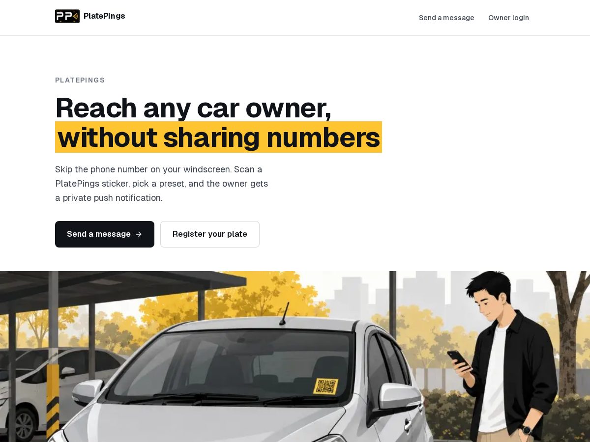 Landing-page snapshot of platepings.com