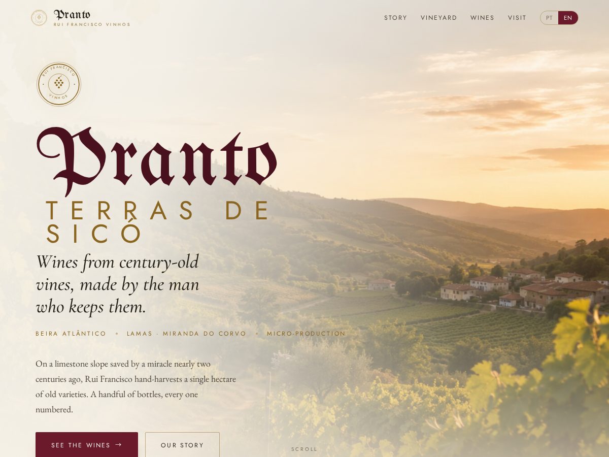 Landing-page snapshot of prantowines.com