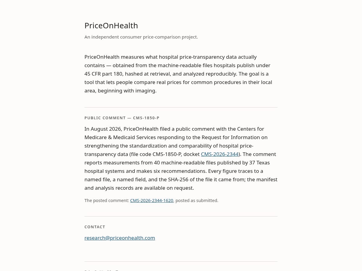 Landing-page snapshot of priceonhealth.org