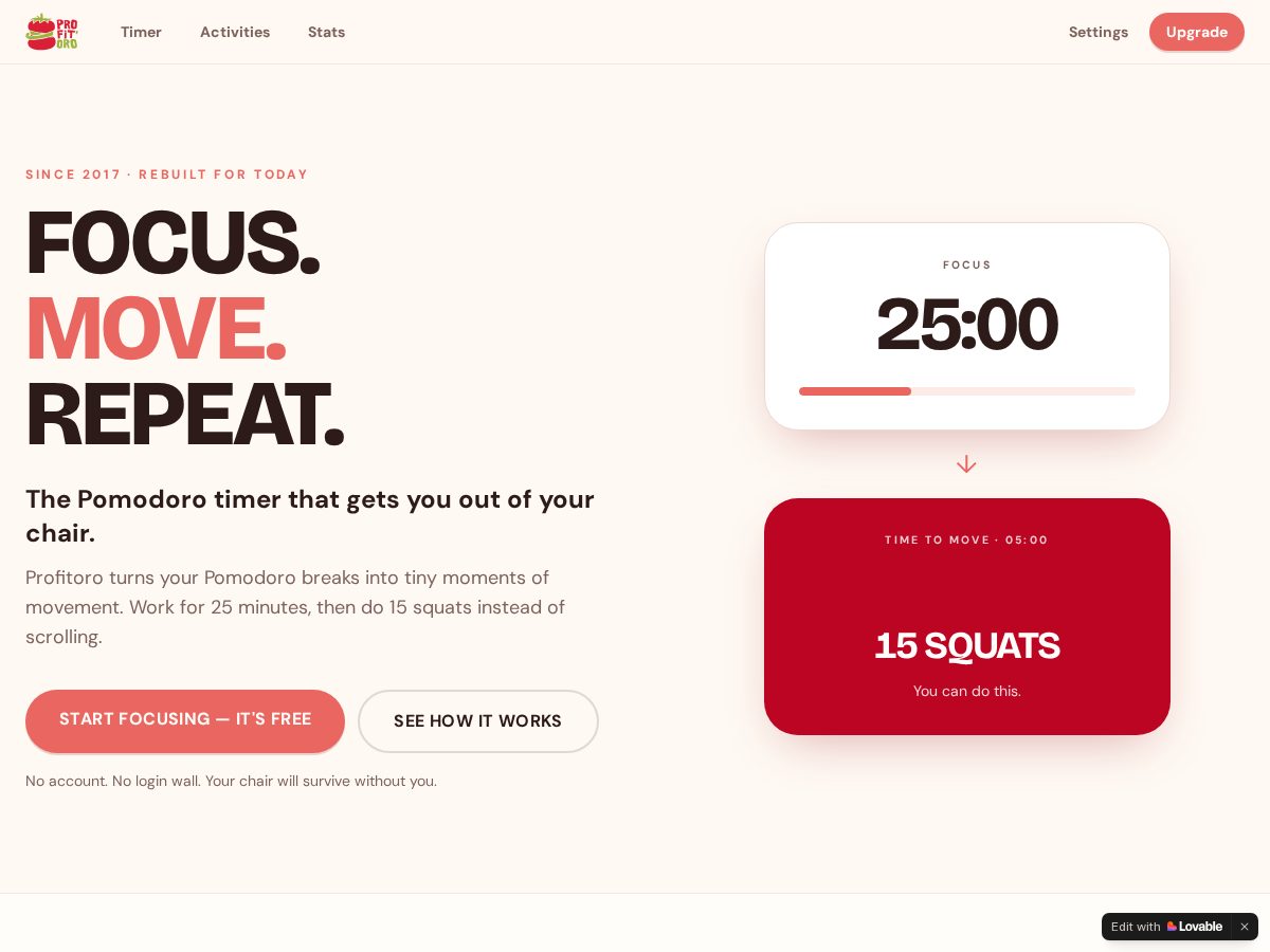Landing-page snapshot of profitoro.app