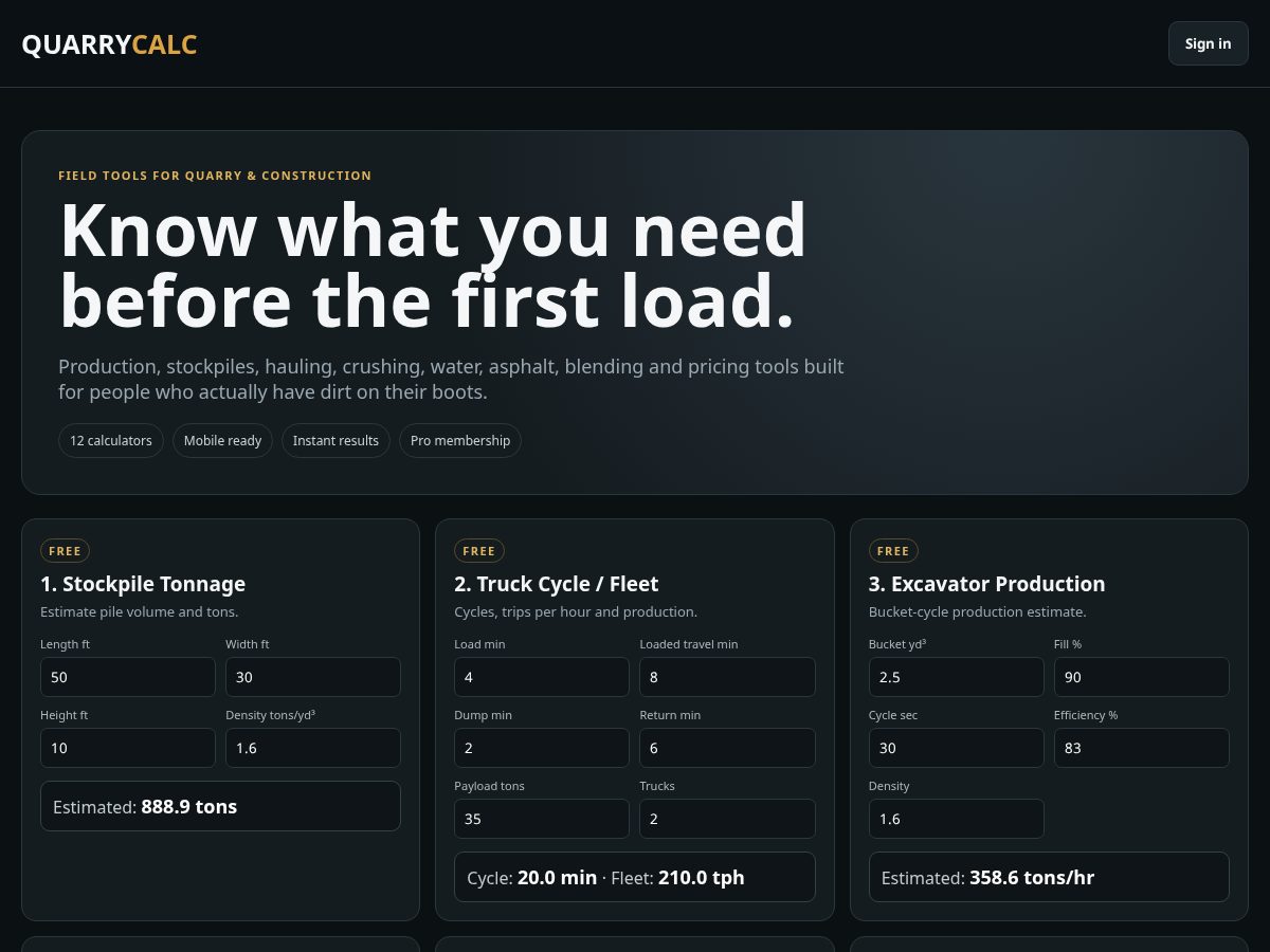 Landing-page snapshot of quarrycalc.com