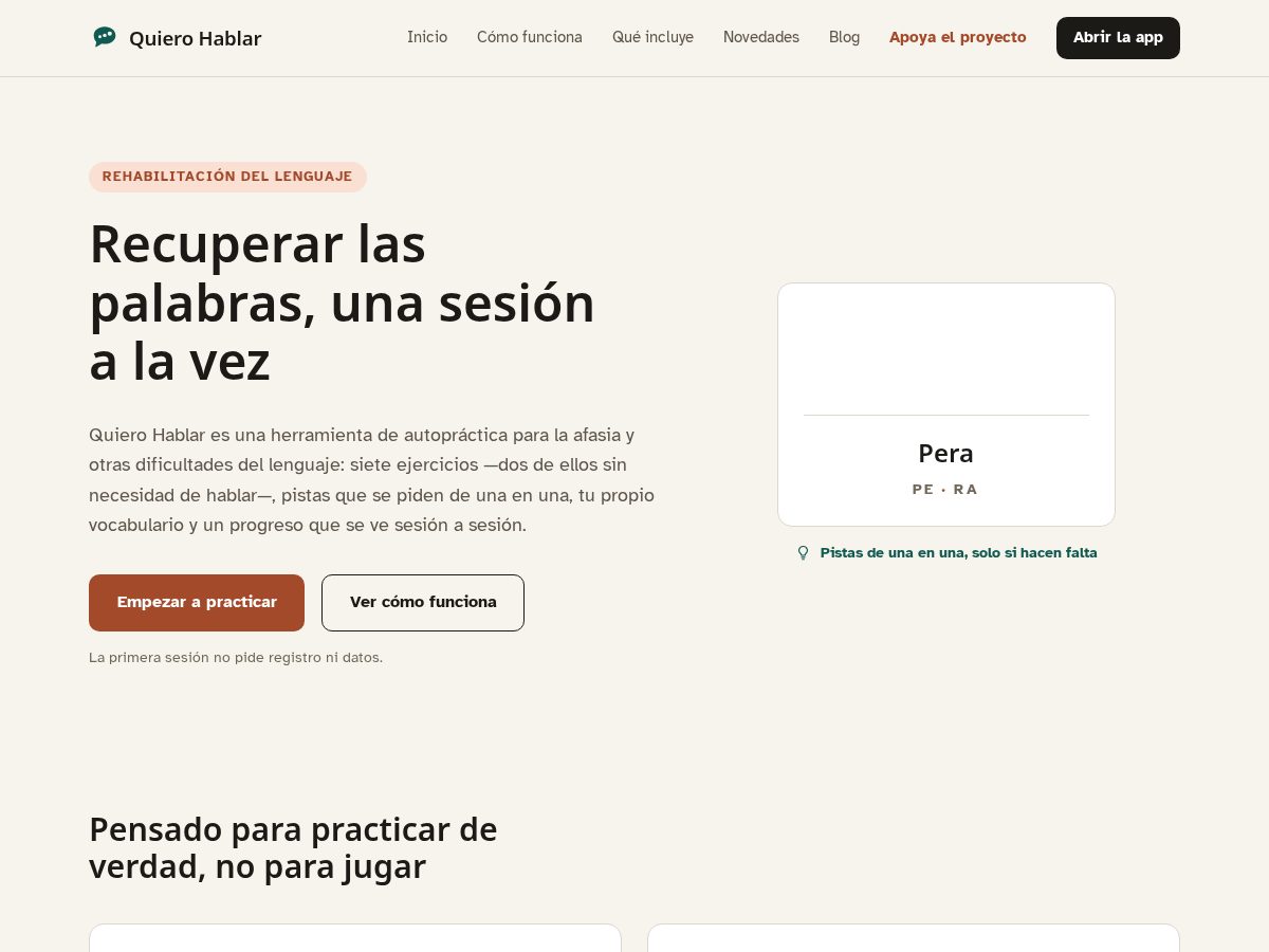 Landing-page snapshot of quierohablar.app