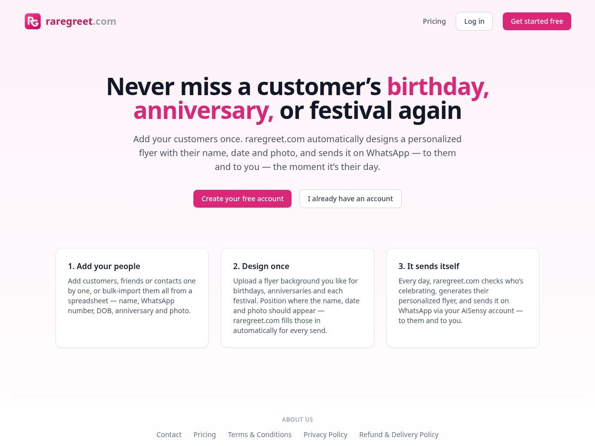 Landing-page snapshot of raregreet.com