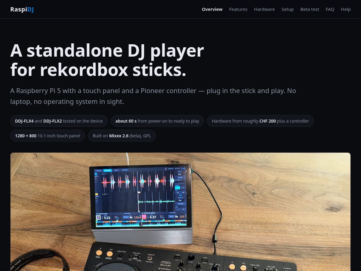 Landing-page snapshot of raspidj.com