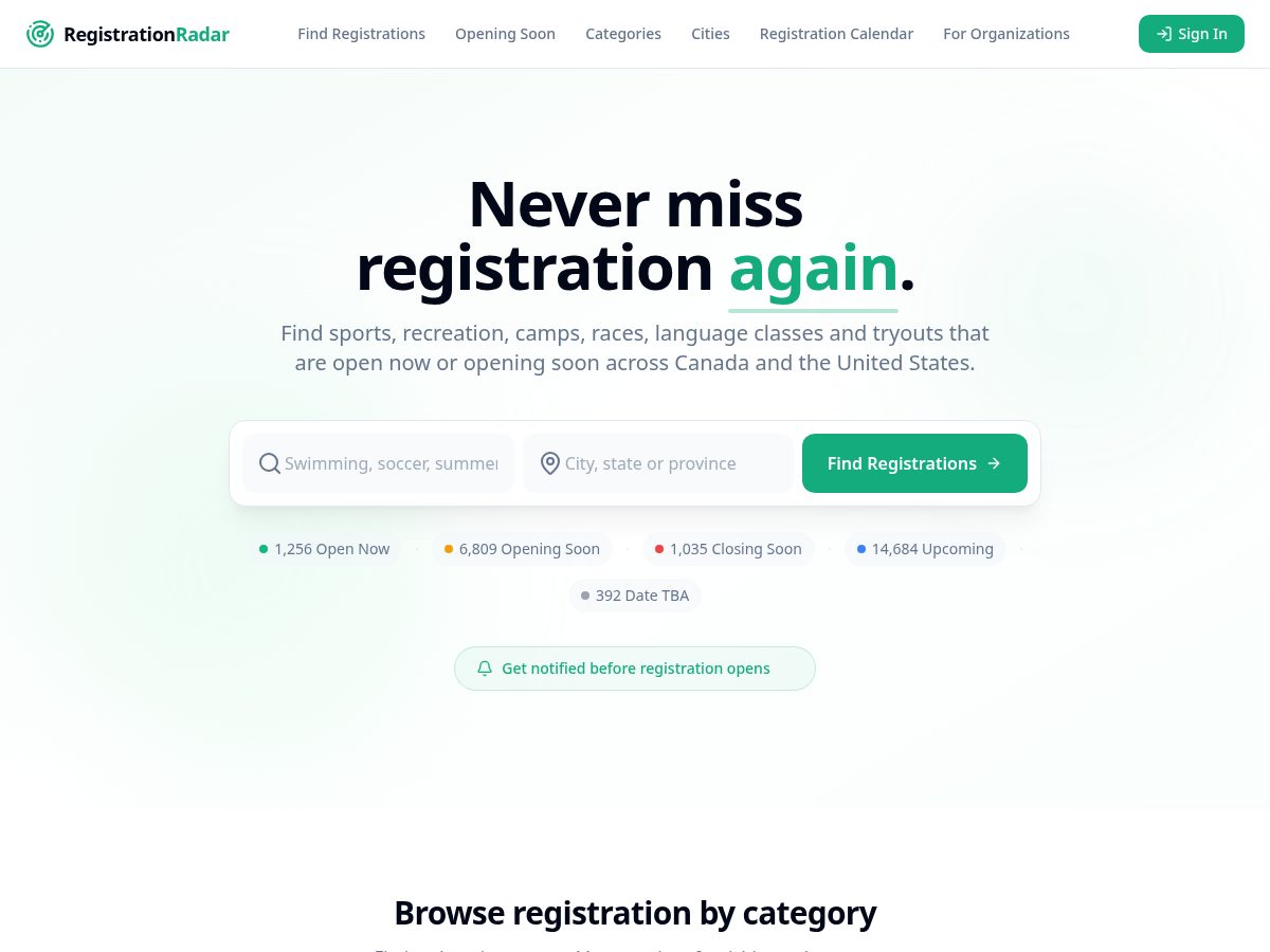 Landing-page snapshot of registrationradar.com