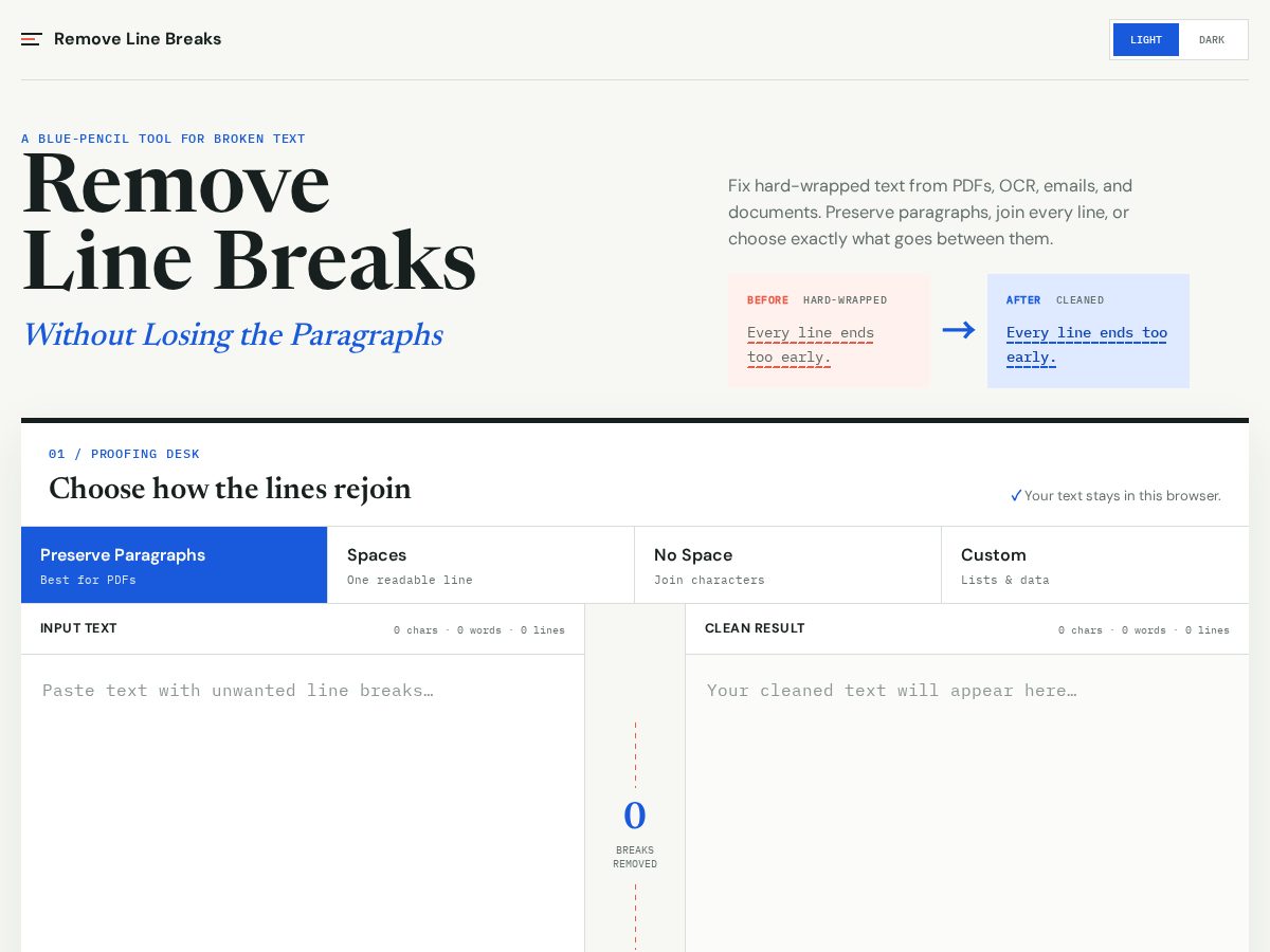 Landing-page snapshot of removelinebreaks.online
