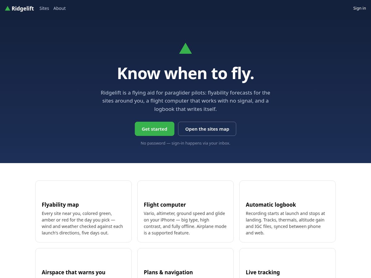 Landing-page snapshot of ridgelift.app