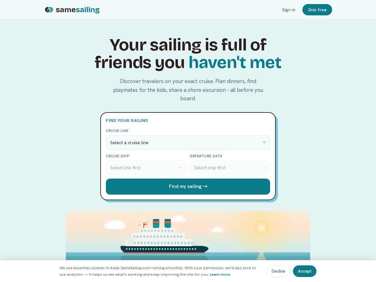 Landing-page snapshot of samesailing.com