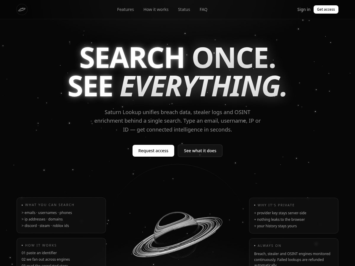 Landing-page snapshot of saturnlookup.xyz
