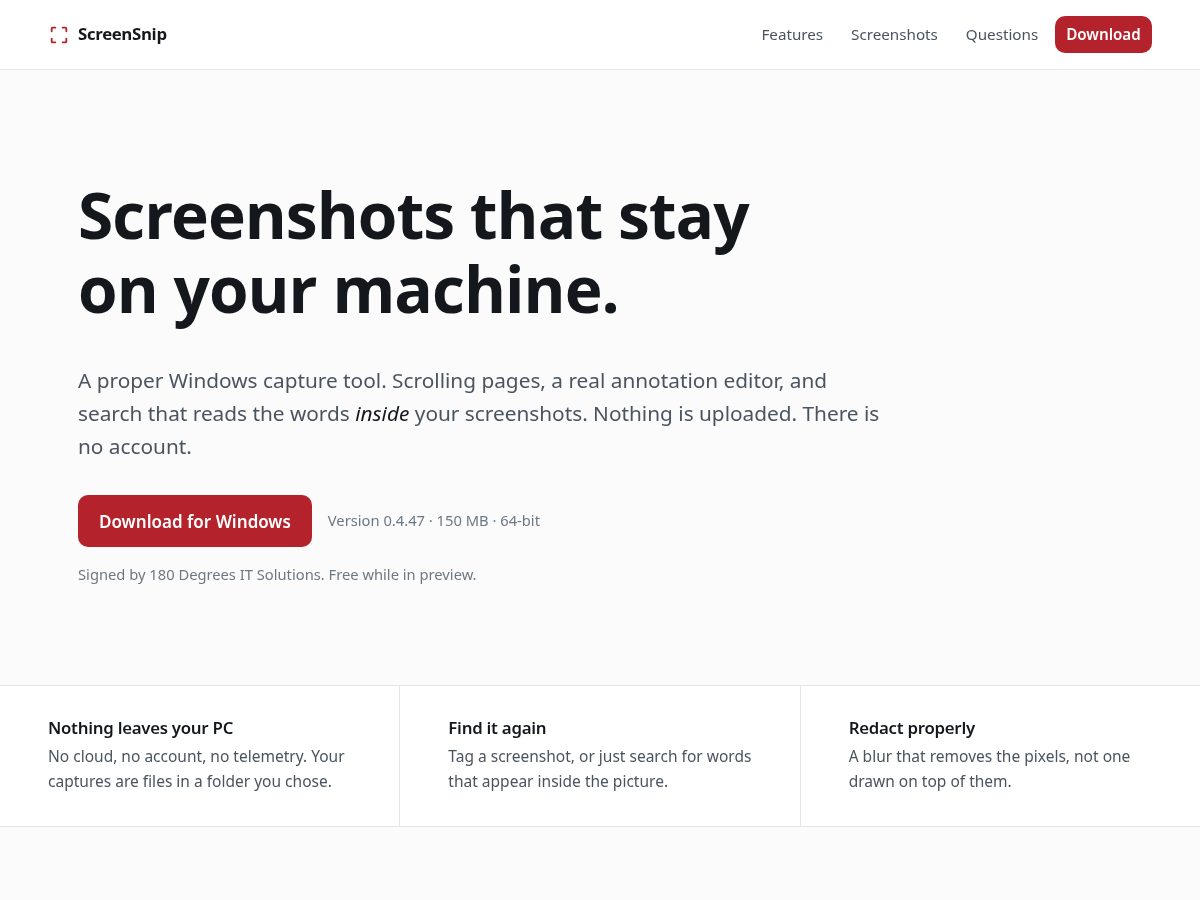 Landing-page snapshot of screensnip.app