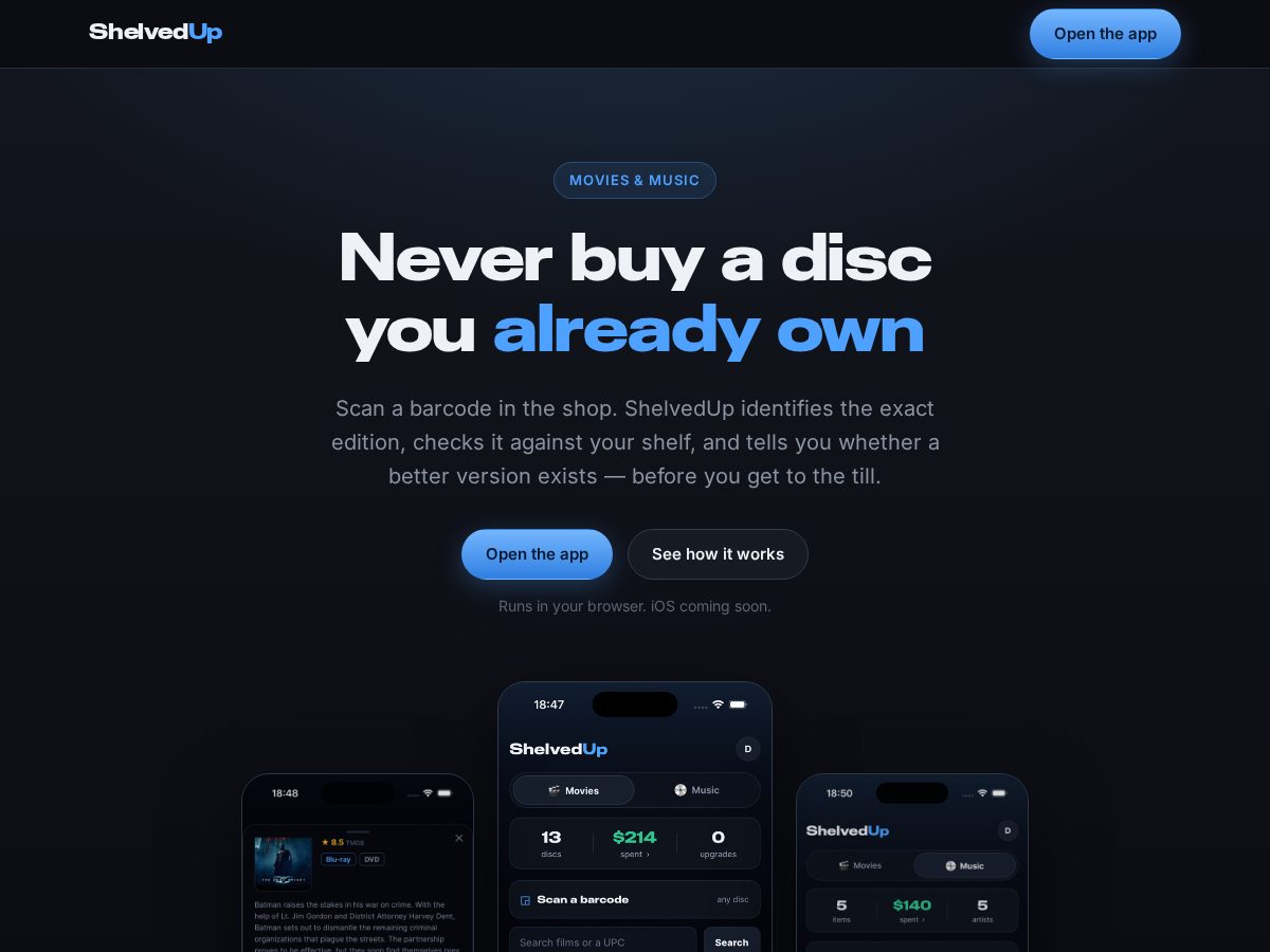 Landing-page snapshot of shelvedupapp.com