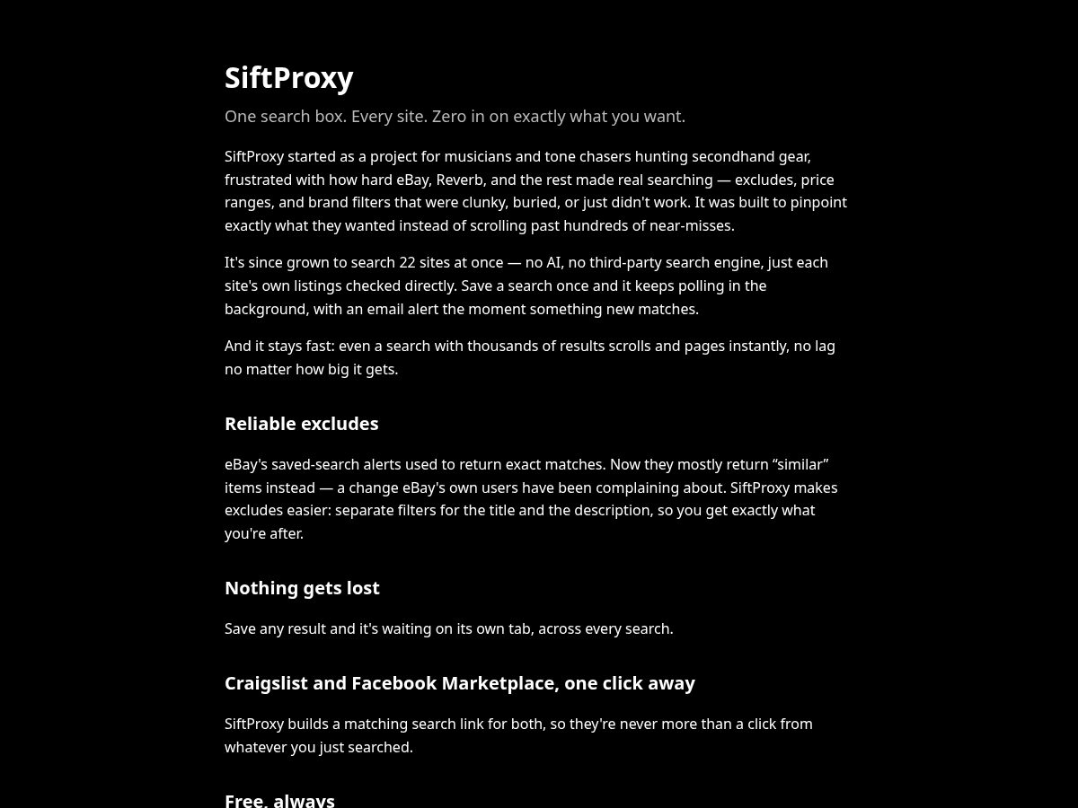 Landing-page snapshot of siftproxy.com