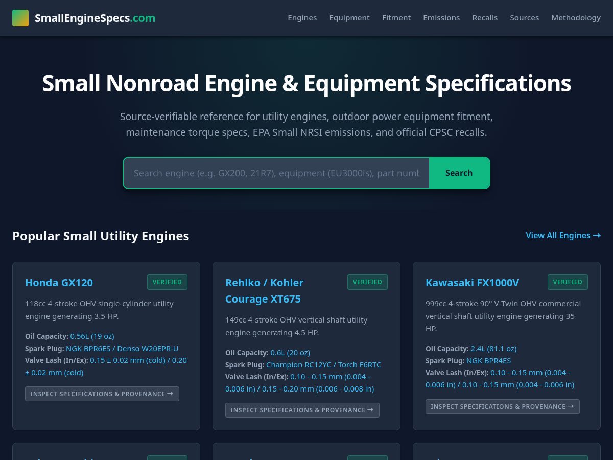 Landing-page snapshot of smallenginespecs.com