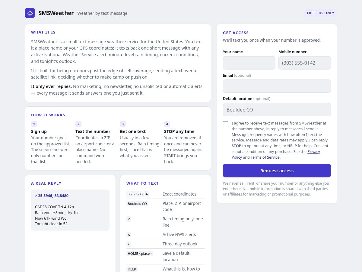 Landing-page snapshot of smsweather.online